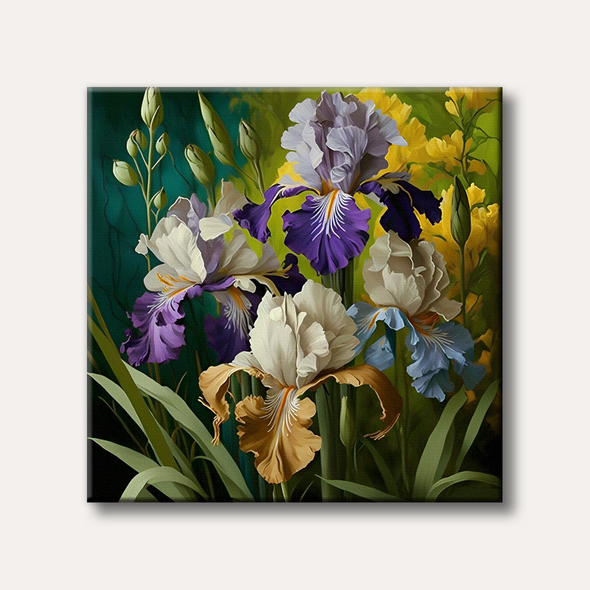 A detailed botanical painting of vibrant purple, white, and brown irises blooming amidst green foliage and yellow flowers.