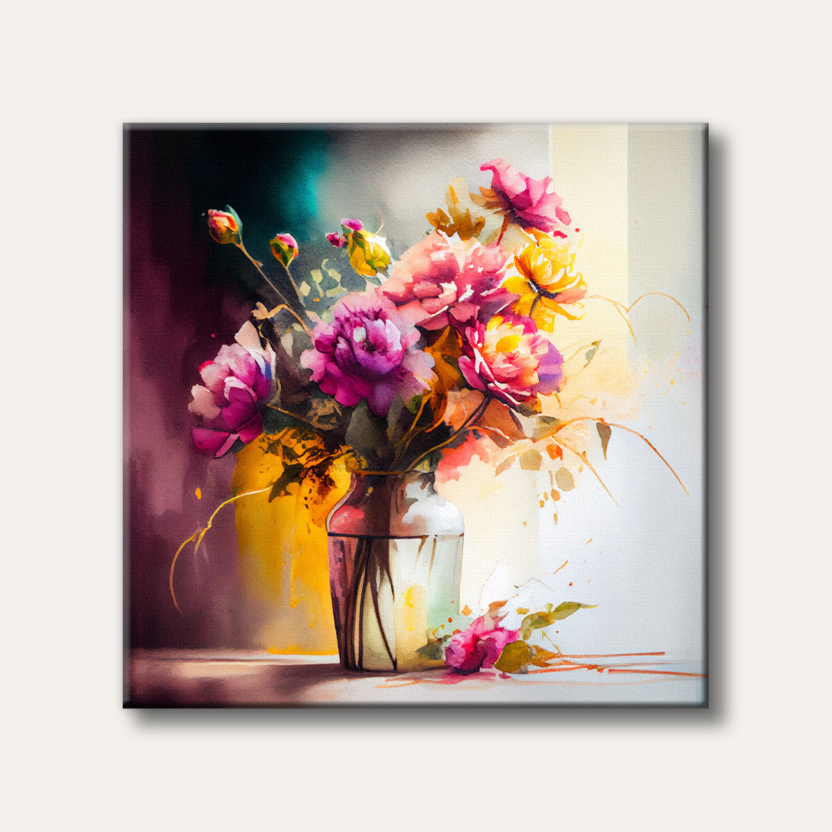 A vibrant watercolour painting of a bouquet of pink and yellow flowers in a clear vase, depicted with splashes of colour and a soft glow.