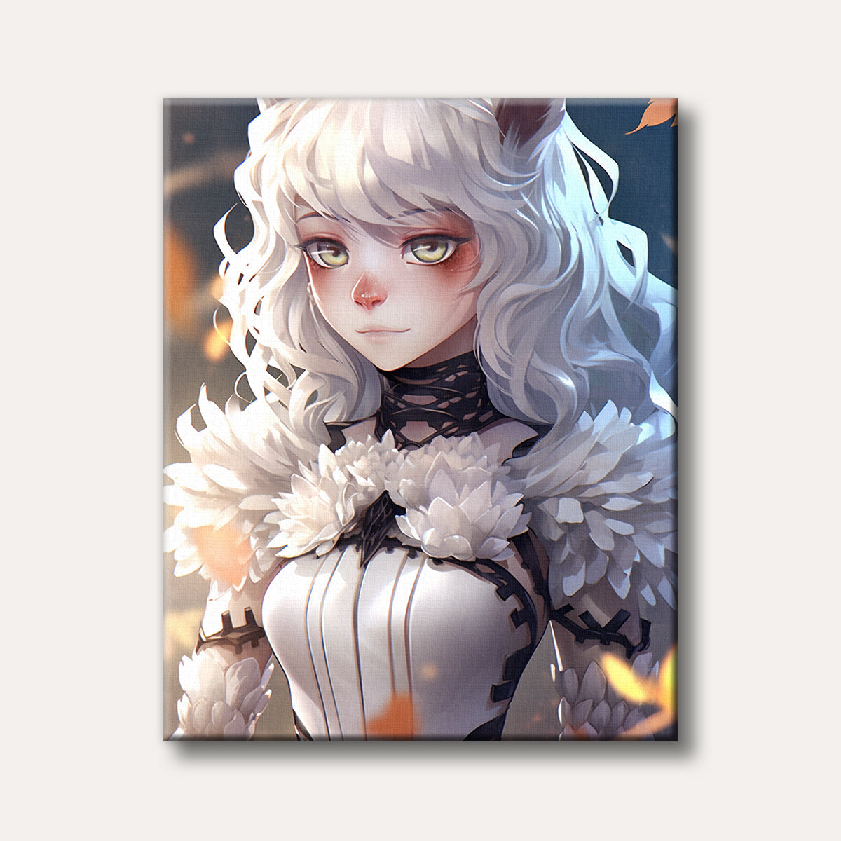 A fantasy anime-style portrait of a girl with long white hair and fox ears, wearing an intricate white and black outfit with feathery details, set against a soft, warm background with falling autumn leaves.