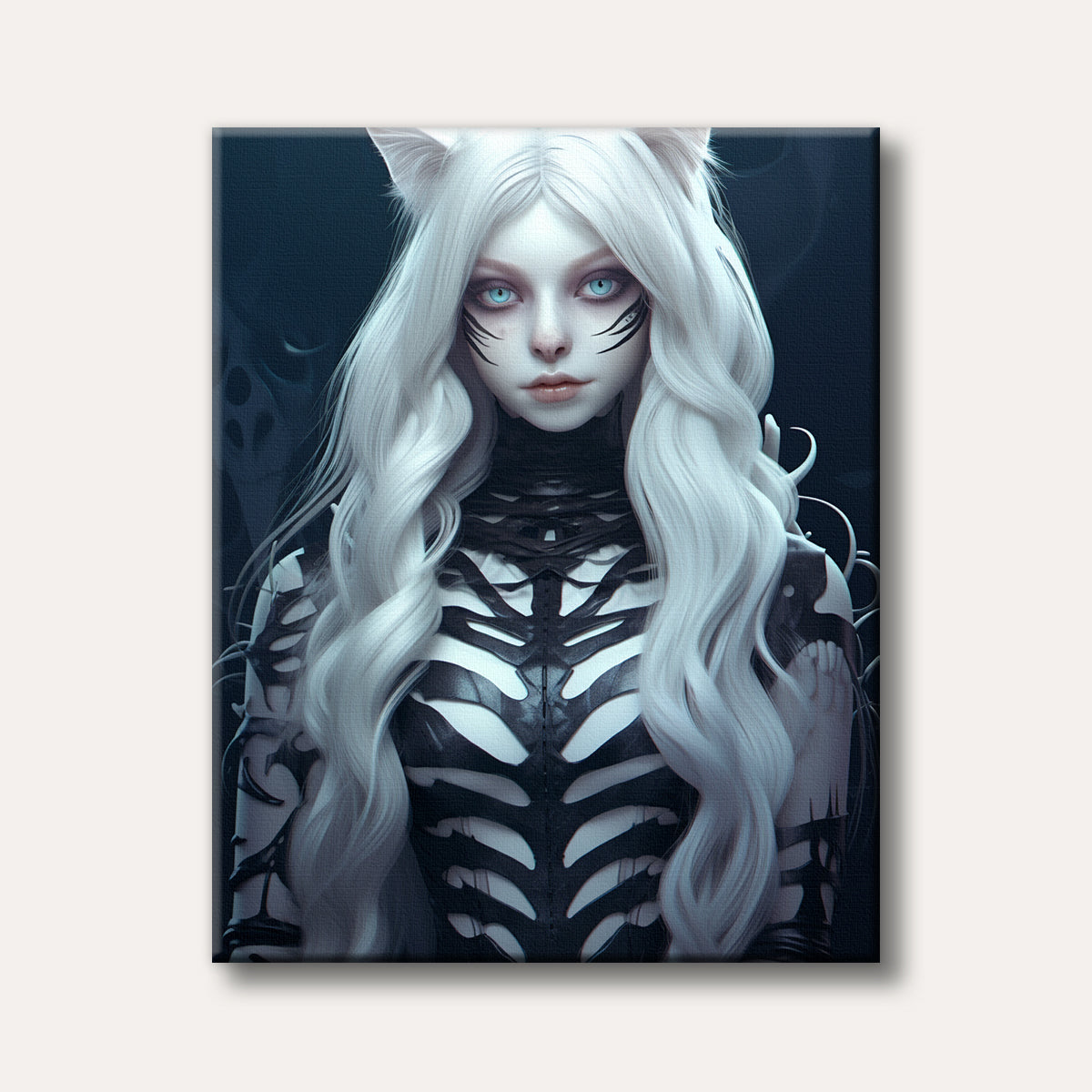 A striking fantasy portrait of an ethereal female character with long white hair, blue eyes, and cat ears, wearing a black skeletal-patterned outfit, against a dark background.