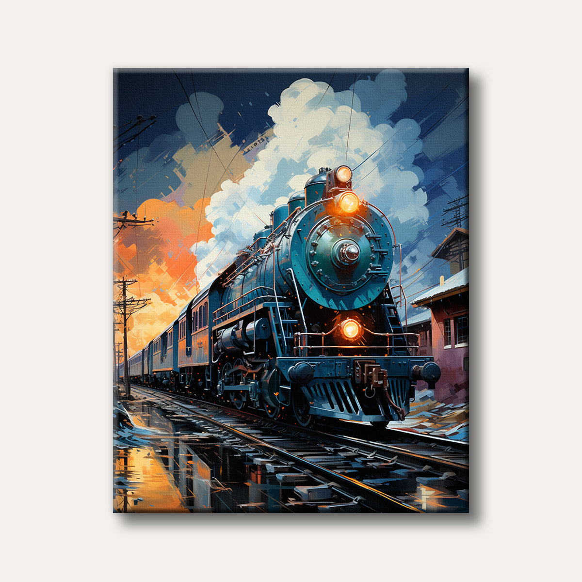 A dramatic painting of a large blue steam locomotive pulling passenger cars along tracks, set against a vibrant sunset sky with painterly clouds, reflecting in wet ground.