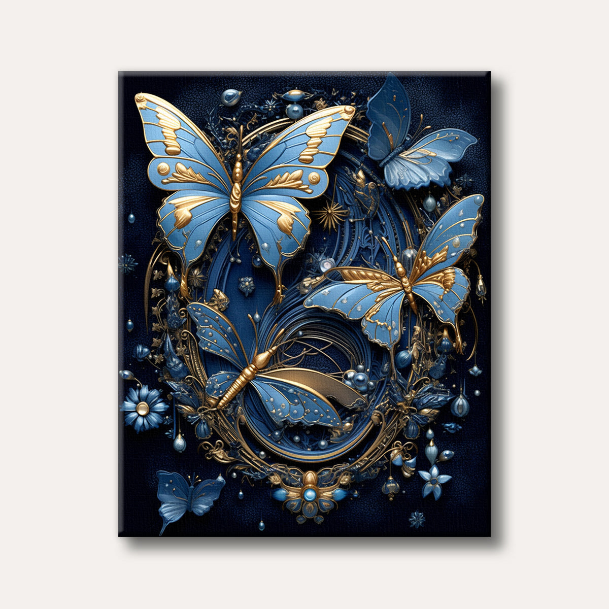 Ornate blue and gold butterflies are depicted against a rich, dark blue, intricately detailed background, presented in a luxurious, decorative style.
