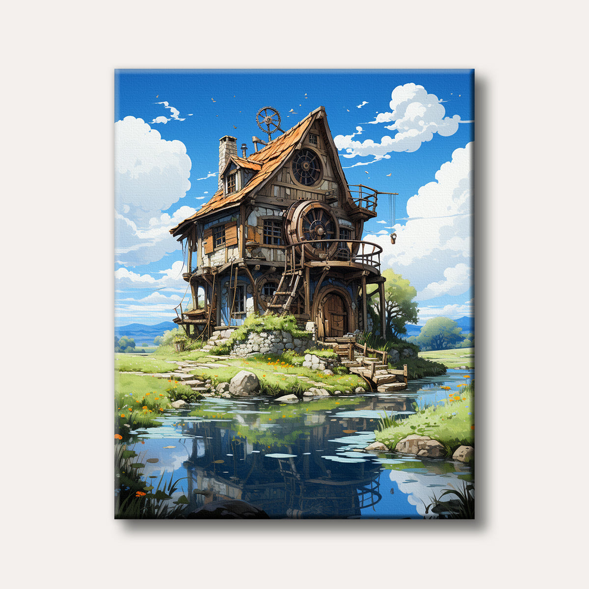 A charming, whimsical house with steampunk-like elements, featuring a large waterwheel, nestled beside a reflective pond under a bright blue sky.