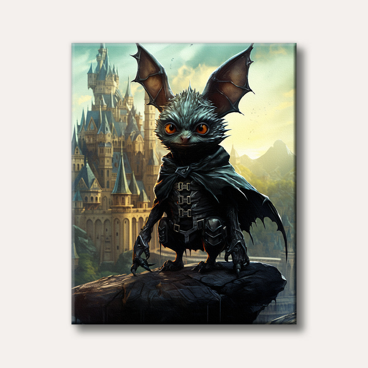 A small, dark fantasy creature with large bat-like ears and glowing orange eyes, wearing a dark cape, stands on a rock before a majestic gothic castle at sunset, depicted in a detailed, mystical style.
