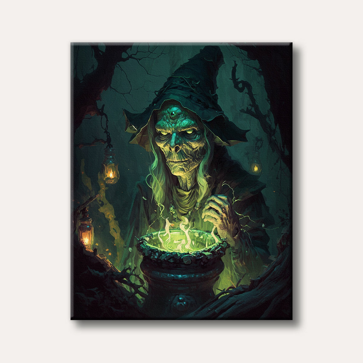 A gnarled old witch with green skin and glowing eyes brews a luminous green potion in a dark, mysterious forest, depicted in a dark fantasy art style.