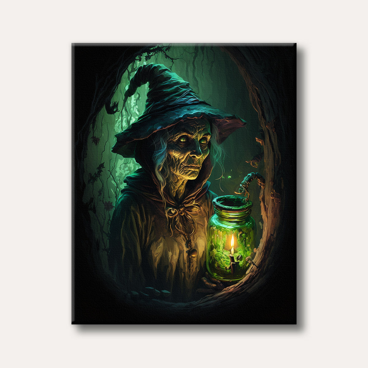 A haunting portrait of an ancient witch with glowing green eyes and skin, holding a magical lantern in a dark, gnarled forest, rendered in a mystical, fantastical style.