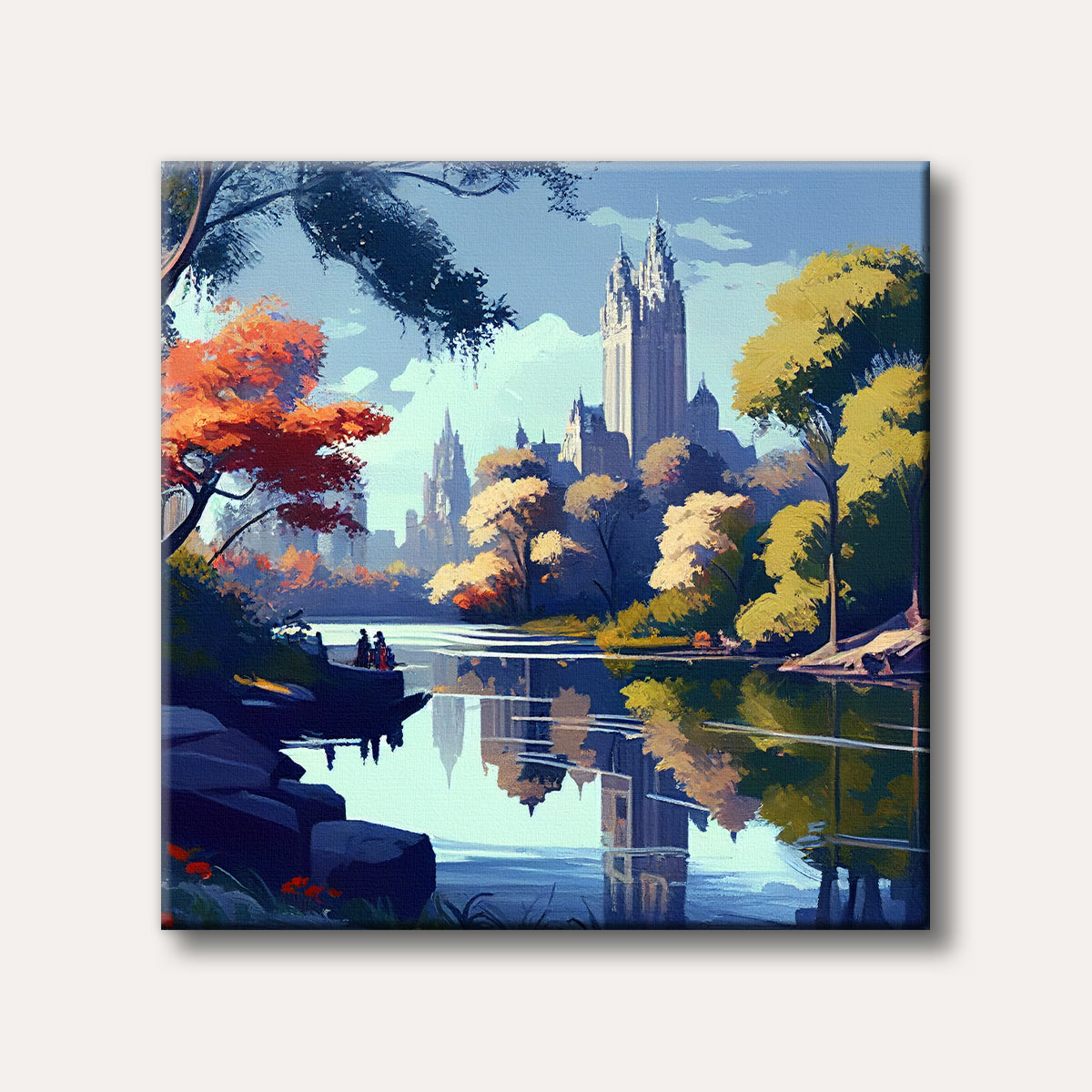 A vibrant oil painting of a city skyline with grand buildings reflected in a peaceful lake, framed by colourful autumn trees and a few figures enjoying the view.