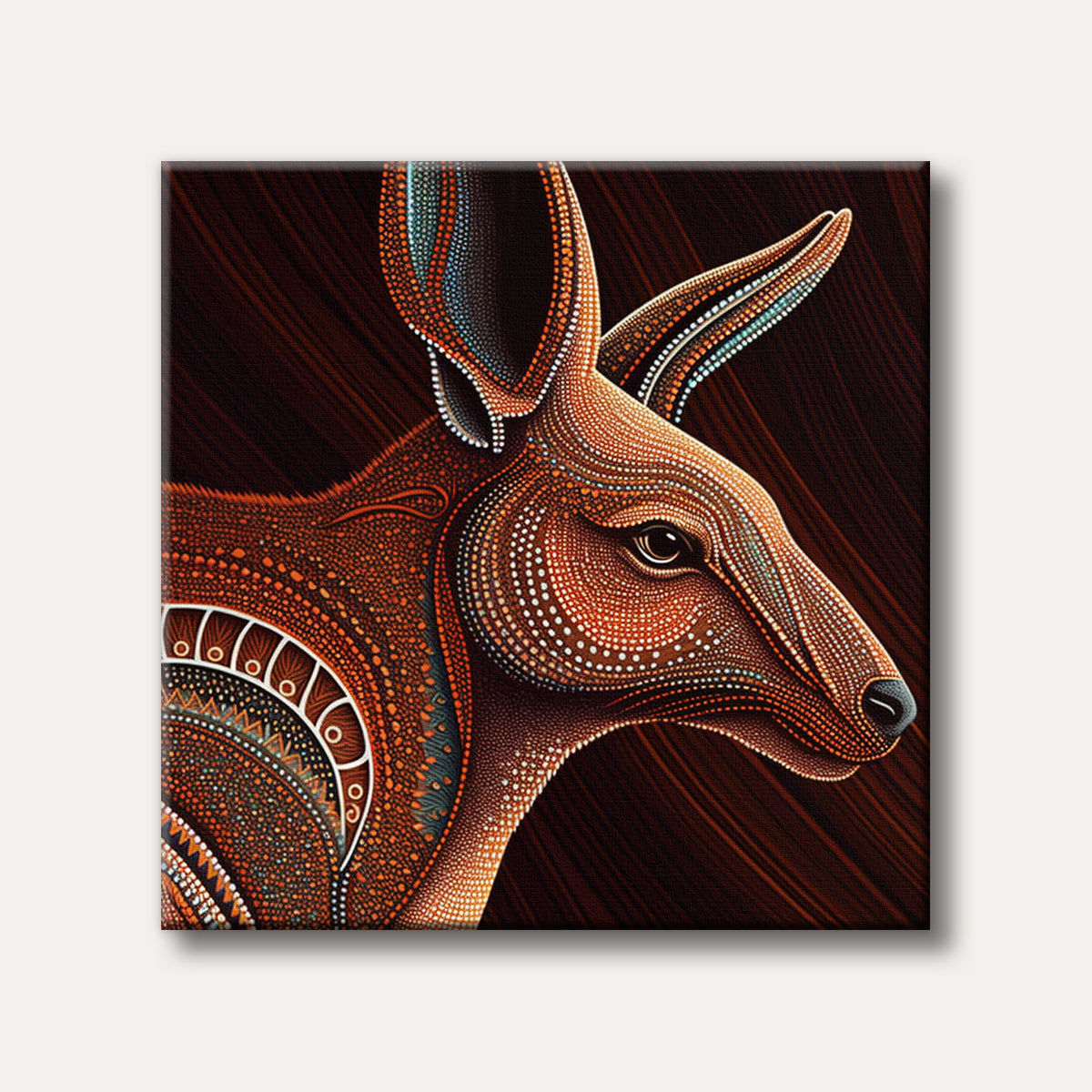 A close-up of a kangaroo's head and neck, rendered in a detailed Aboriginal dot painting style with warm orange, brown, and white colours, set against a dark background.