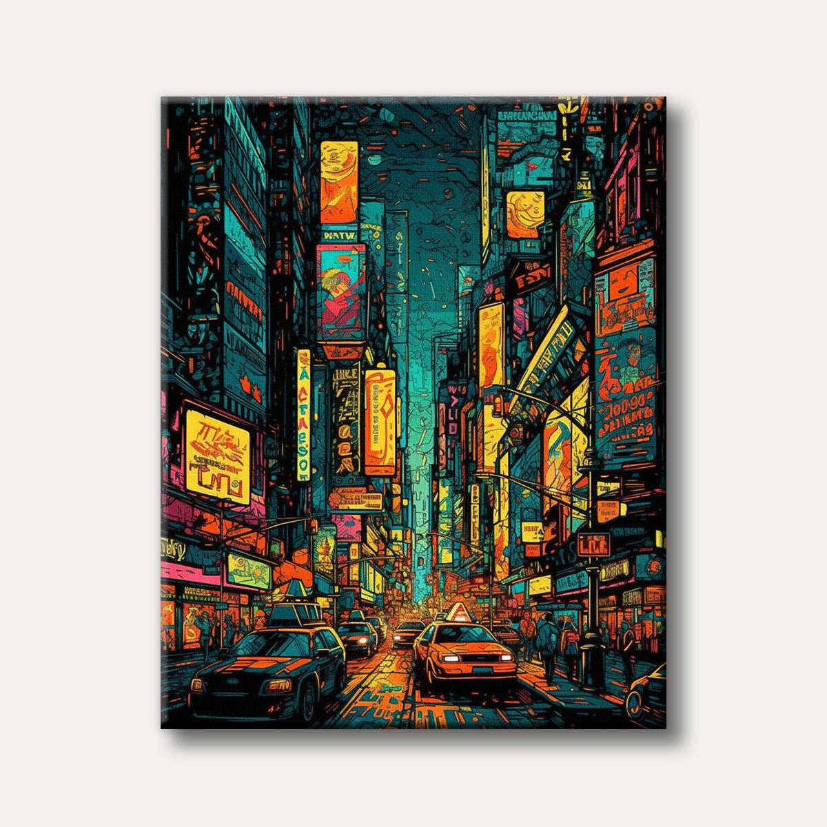 A highly stylized and vibrant urban cityscape at night, with towering buildings adorned with glowing neon signs and busy streets filled with cars and pedestrians, depicted in a unique, almost comic-book or glitch art style.