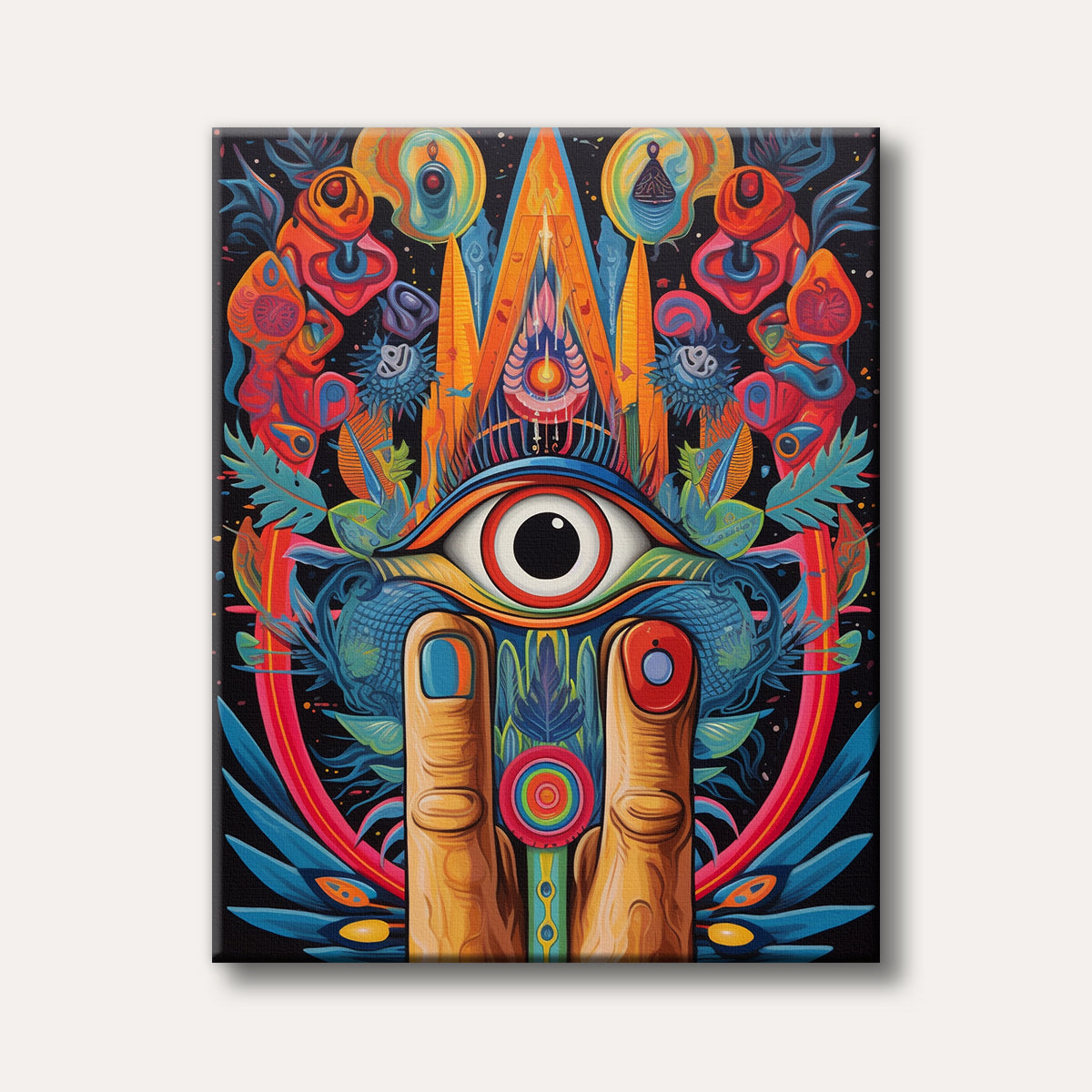 A vibrant, psychedelic painting featuring a large central eye above two hands, surrounded by colourful abstract shapes and geometric structures against a dark background.