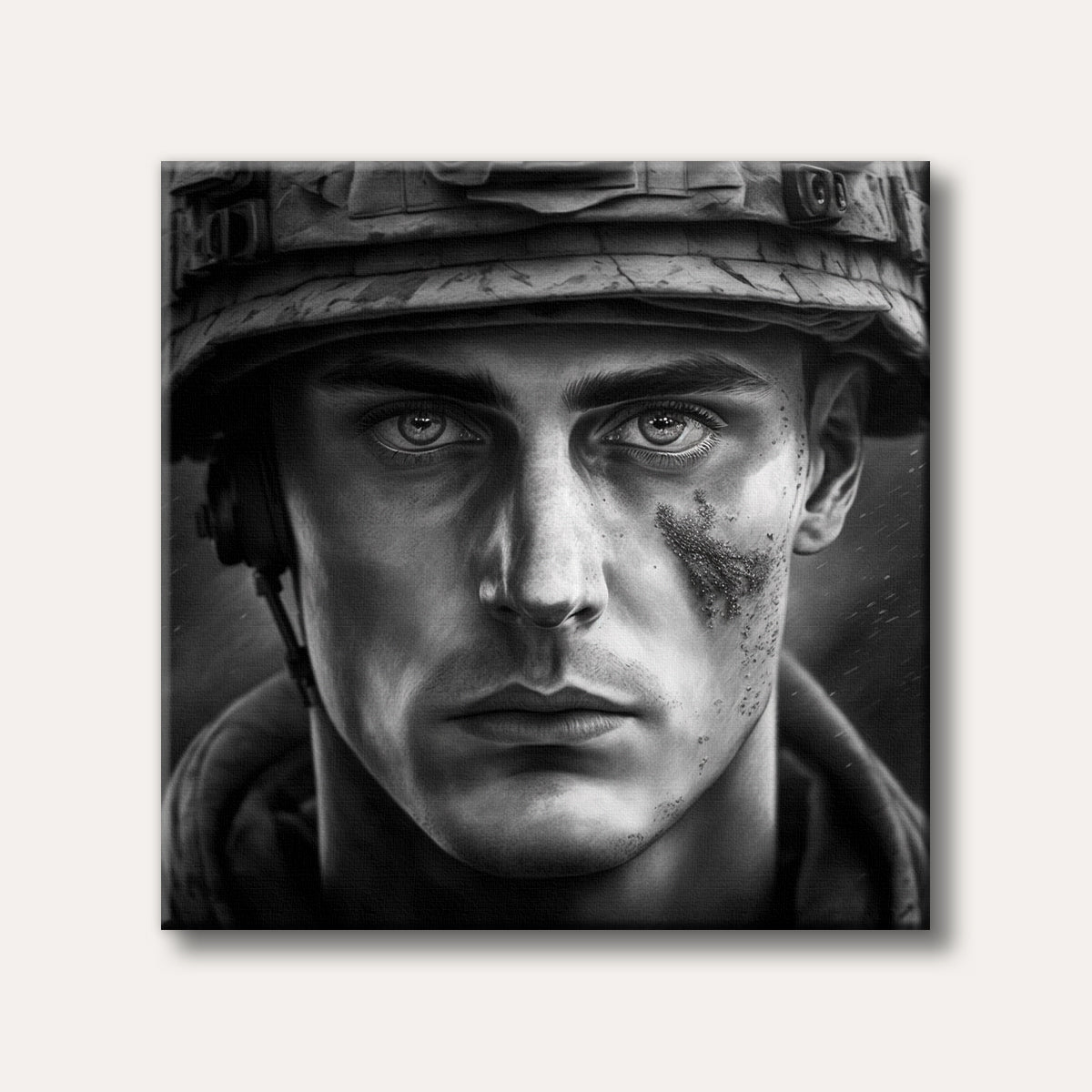 A close-up, high-contrast black and white portrait of a young soldier wearing a helmet and combat gear, with dirt on his face, gazing directly forward with intense eyes in a realistic style.