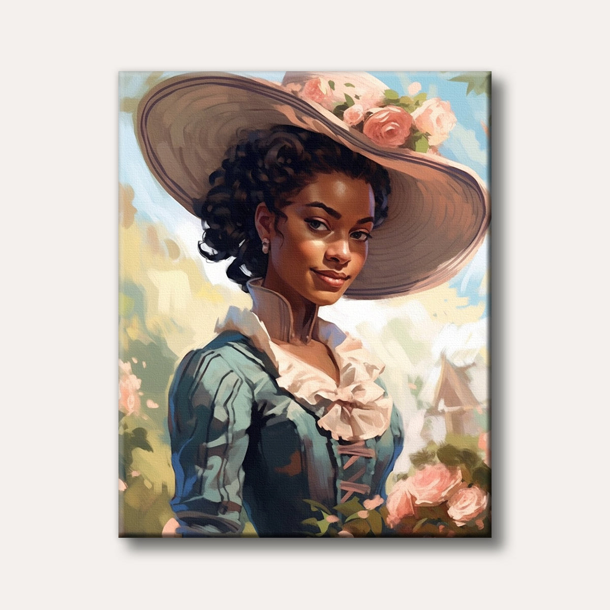 A charming portrait of a dark-skinned woman with curly hair wearing a wide-brimmed hat adorned with pink roses and a light blue ruffled dress, set in a bright, impressionistic garden.