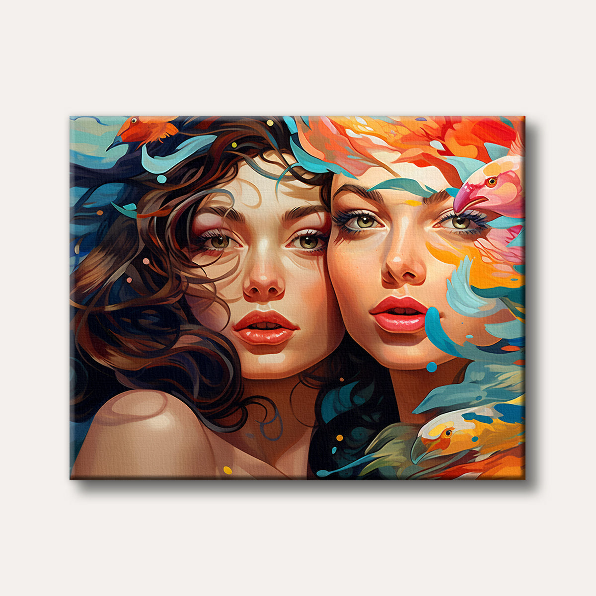 A vibrant abstract painting depicting two women, one interwoven with blue aquatic elements and fish, the other with fiery orange-red avian forms, in a colourful, stylized artistic manner.