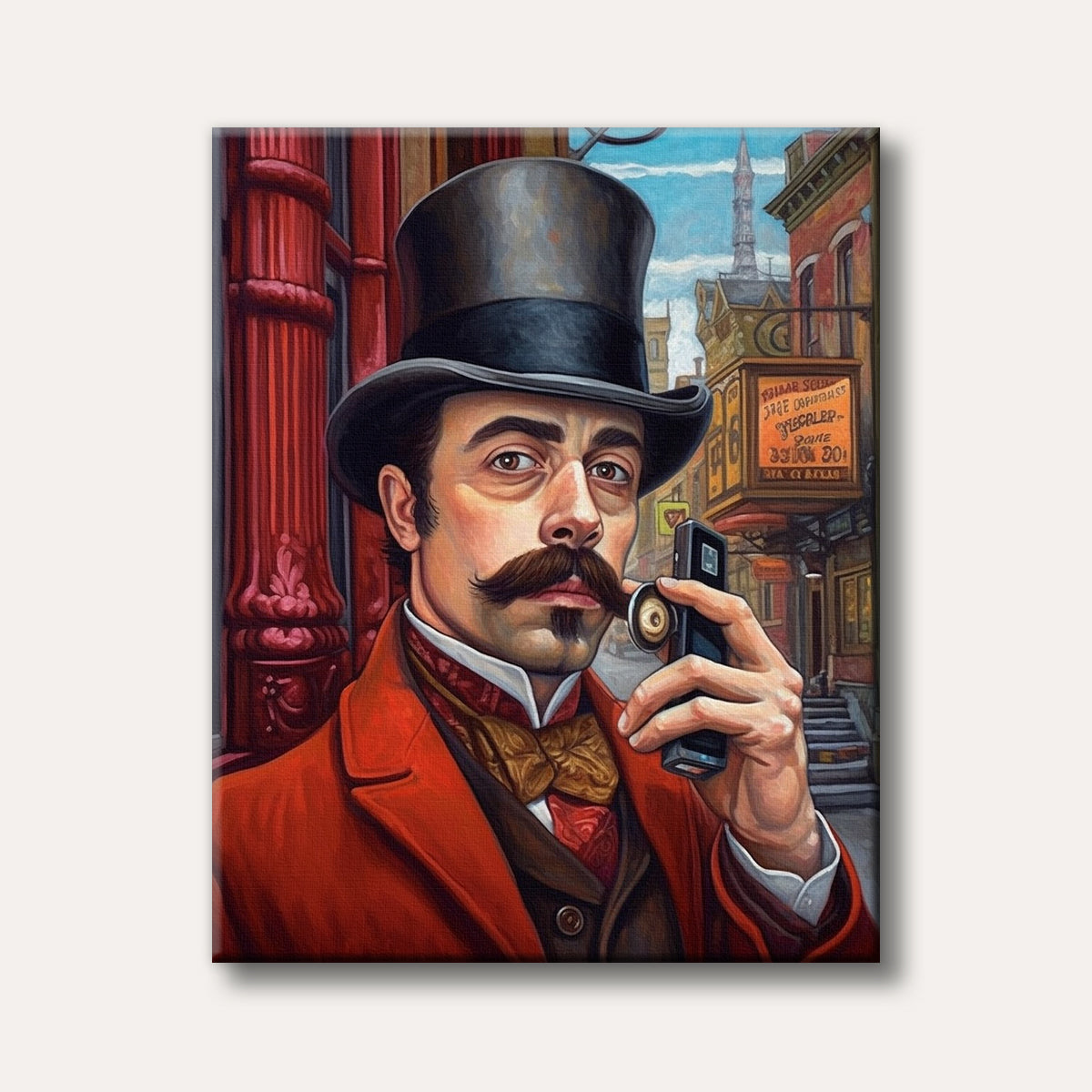A stylized portrait of a man in a red Victorian-era suit and top hat, sporting a prominent mustache, holding a small modern electronic device to his ear, set against a blurred, old-fashioned city street background.