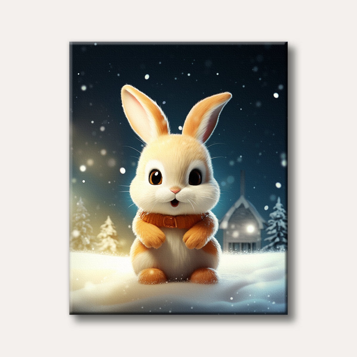 A fluffy, adorable orange and white bunny wearing a scarf sits in a magical snowy landscape with a cabin and trees under a dark blue sky, depicted in a cute, whimsical style.