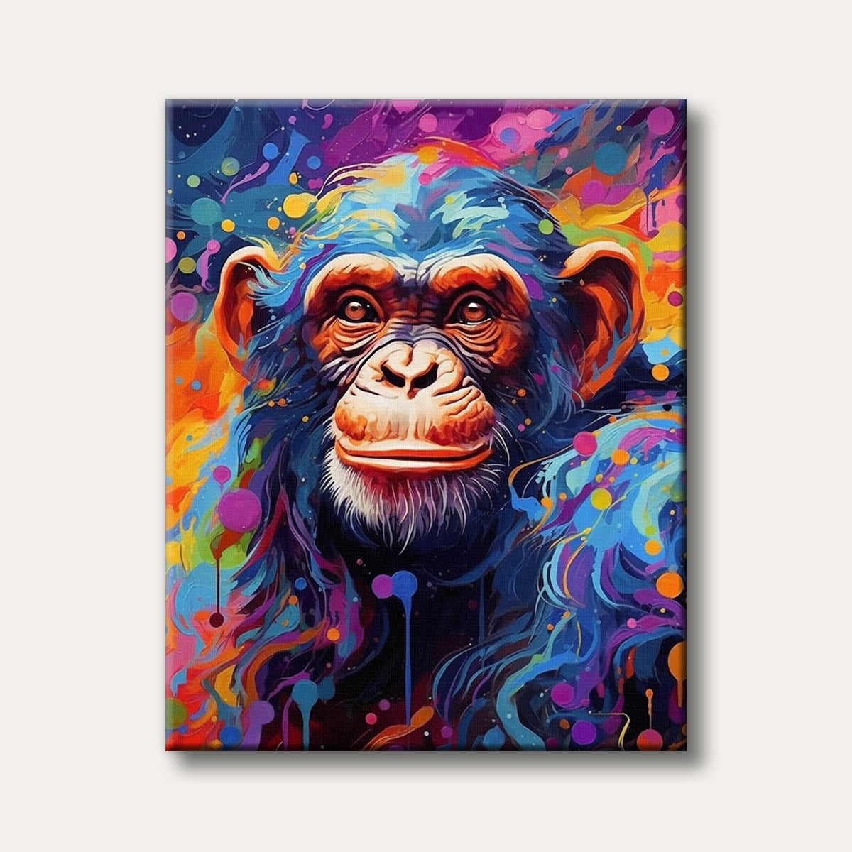 A close-up portrait of a chimpanzee with realistic facial features, surrounded by vibrant, abstract splashes and drips of blue, purple, orange, and yellow paint, in a dynamic, expressive art style.