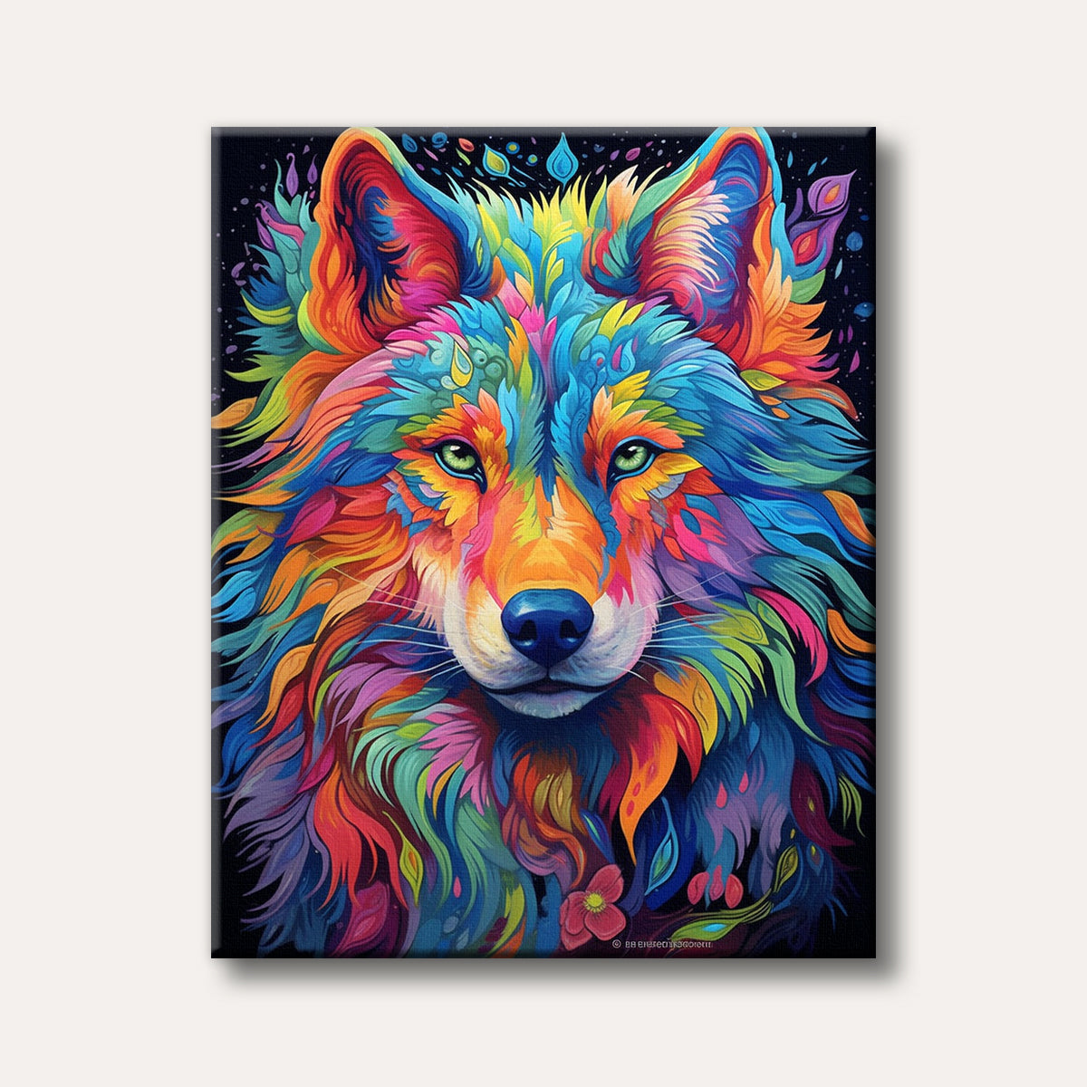 A close-up portrait of a wolf painted in a stylized, vibrant, and multi-coloured array of blues, oranges, pinks, and greens, with bright green eyes against a dark background.