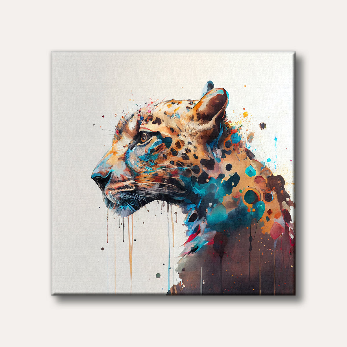 A vibrant watercolour painting depicting a leopard's head in profile, rendered with abstract splatters and drips in shades of teal, orange, and black on a light background.
