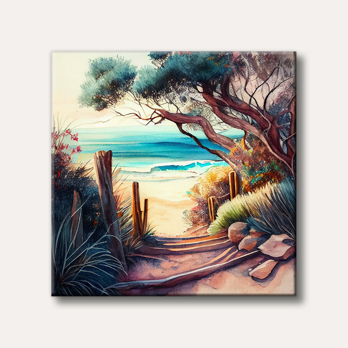 A vibrant watercolour painting of a sunlit sandy path leading to a blue ocean, framed by lush coastal foliage and a large tree.