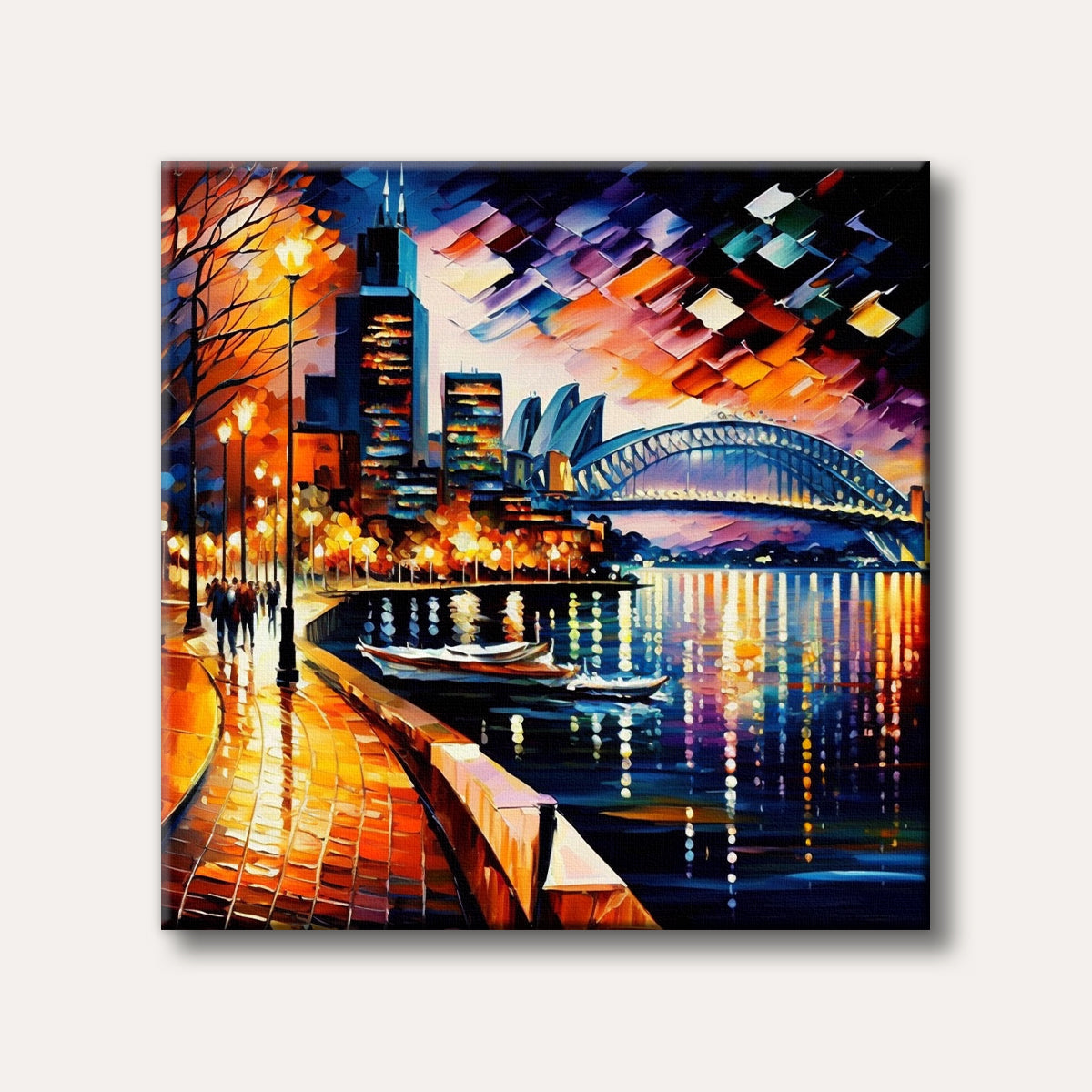 A vibrant impressionistic painting of a city harbor at night, featuring the Sydney Opera House and Harbour Bridge with colourful reflections on the water, rendered with bold brushstrokes and bright lights.