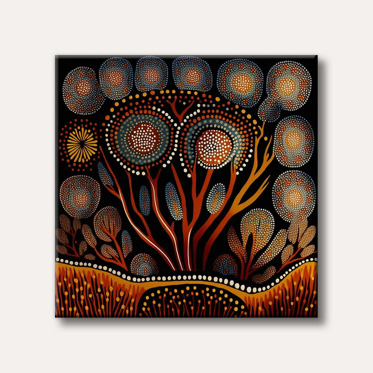 An abstract dot painting depicting stylized trees and foliage with vibrant orange, blue, and white dots against a dark background, in the style of Aboriginal art.