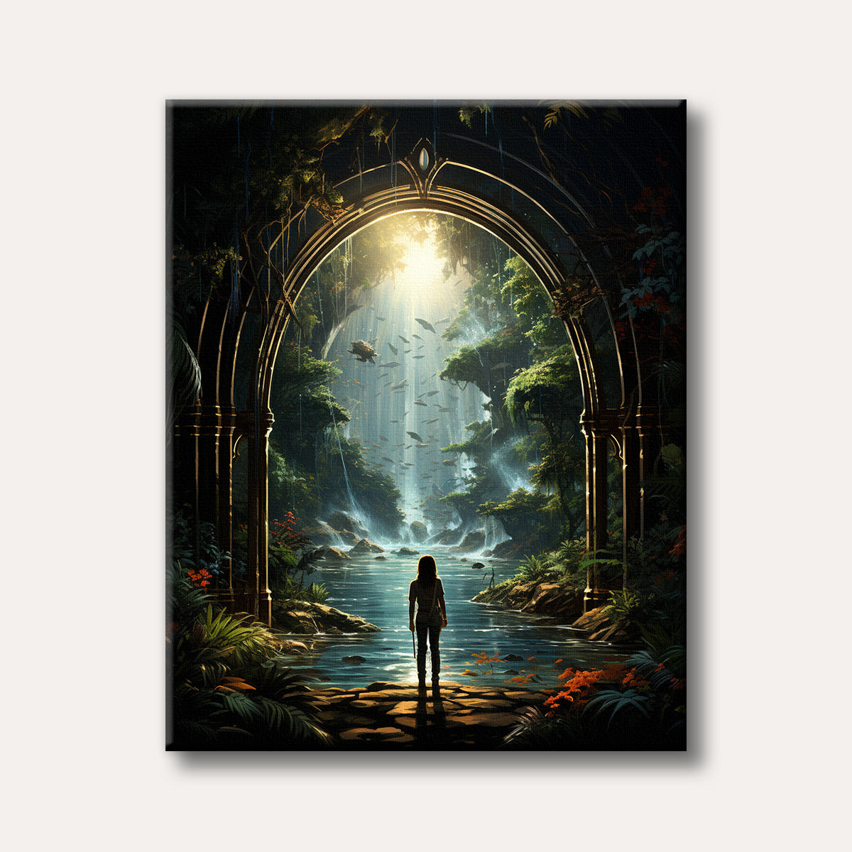 A detailed fantasy artwork showing a person standing before a grand archway, looking into a glowing jungle scene with floating fish, waterfalls, and a mystical river.