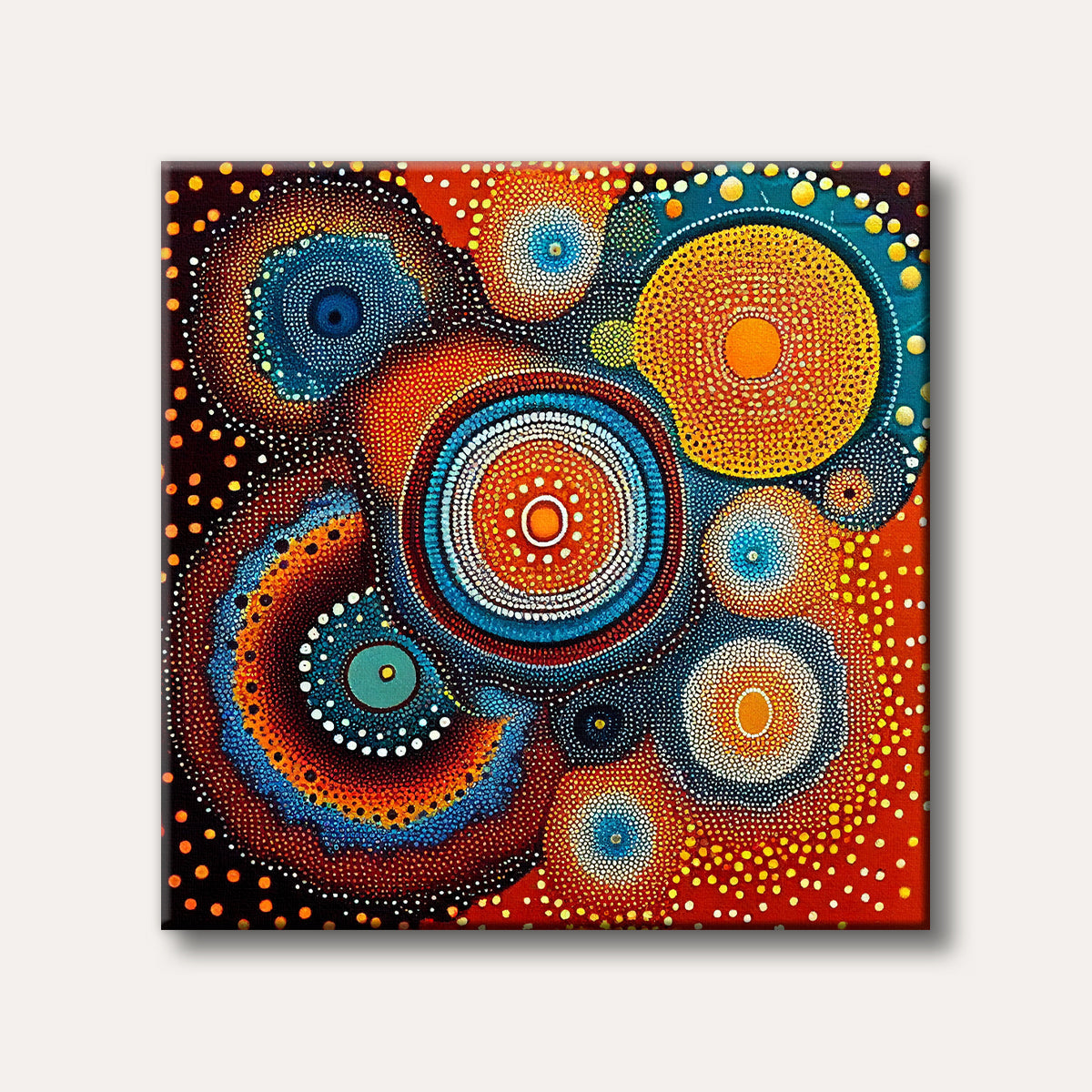 An abstract painting featuring multiple concentric circles and swirling patterns created with colourful dots in red, orange, blue, and yellow hues, in the style of Indigenous Australian art.