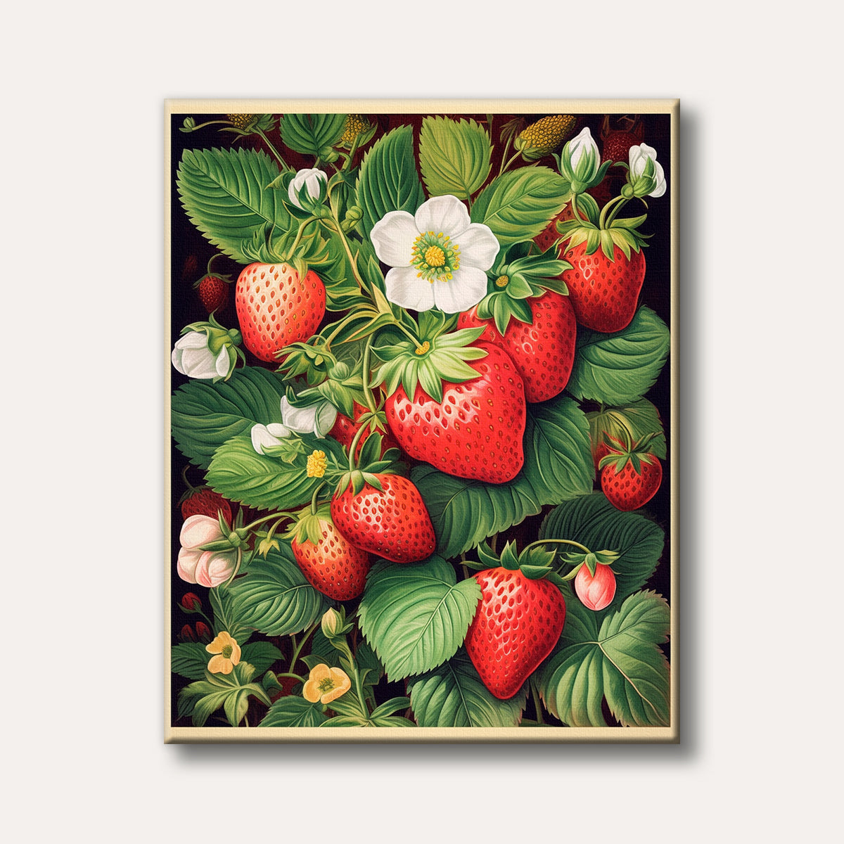 A detailed botanical illustration showcasing vibrant red strawberries, lush green leaves, and delicate white strawberry blossoms against a dark background.