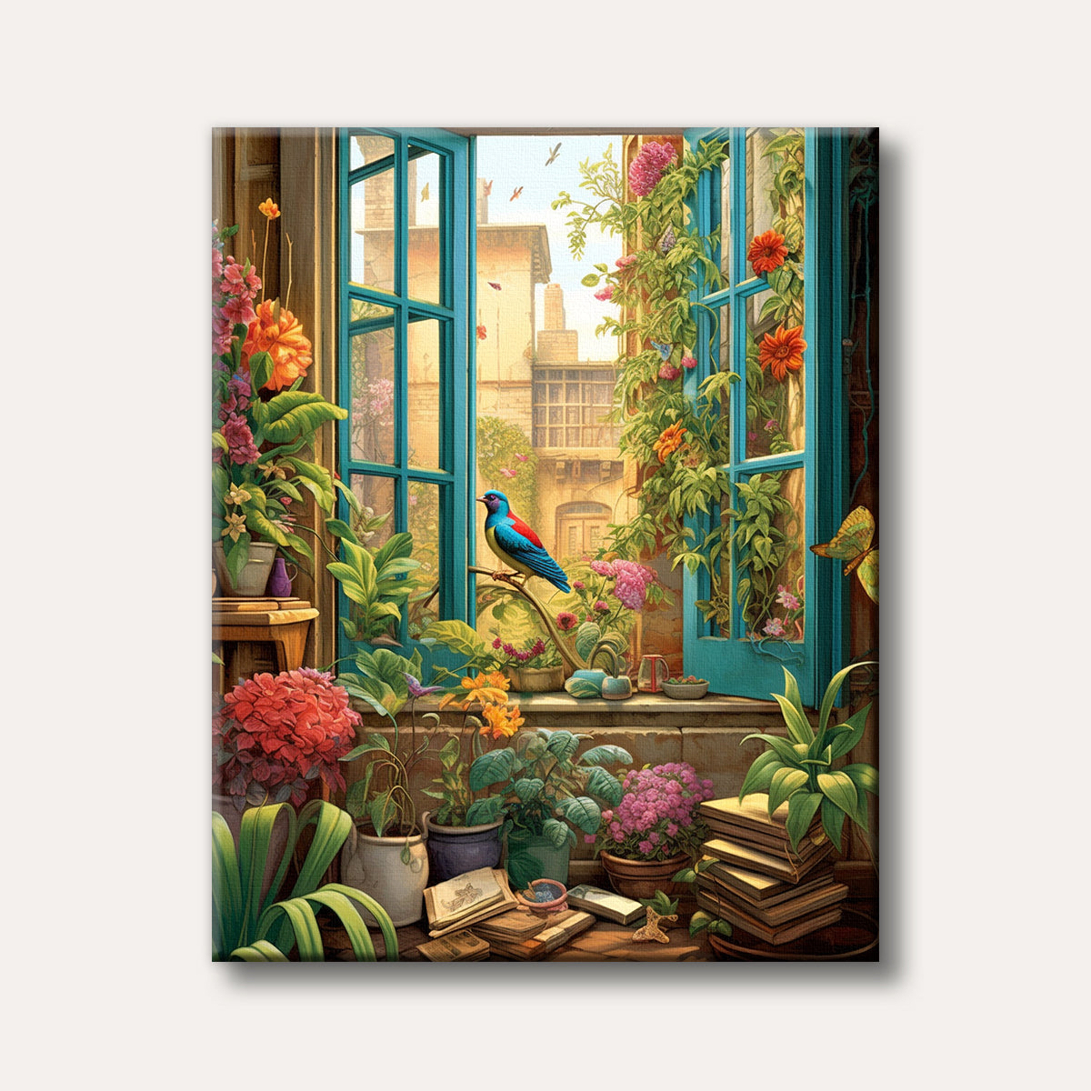 A detailed painting of an open teal window looking out onto a sunny, old-world town, surrounded by abundant green plants and brightly coloured flowers. A blue and red bird is perched on the windowsill, adding a focal point to this serene and inviting scene.
