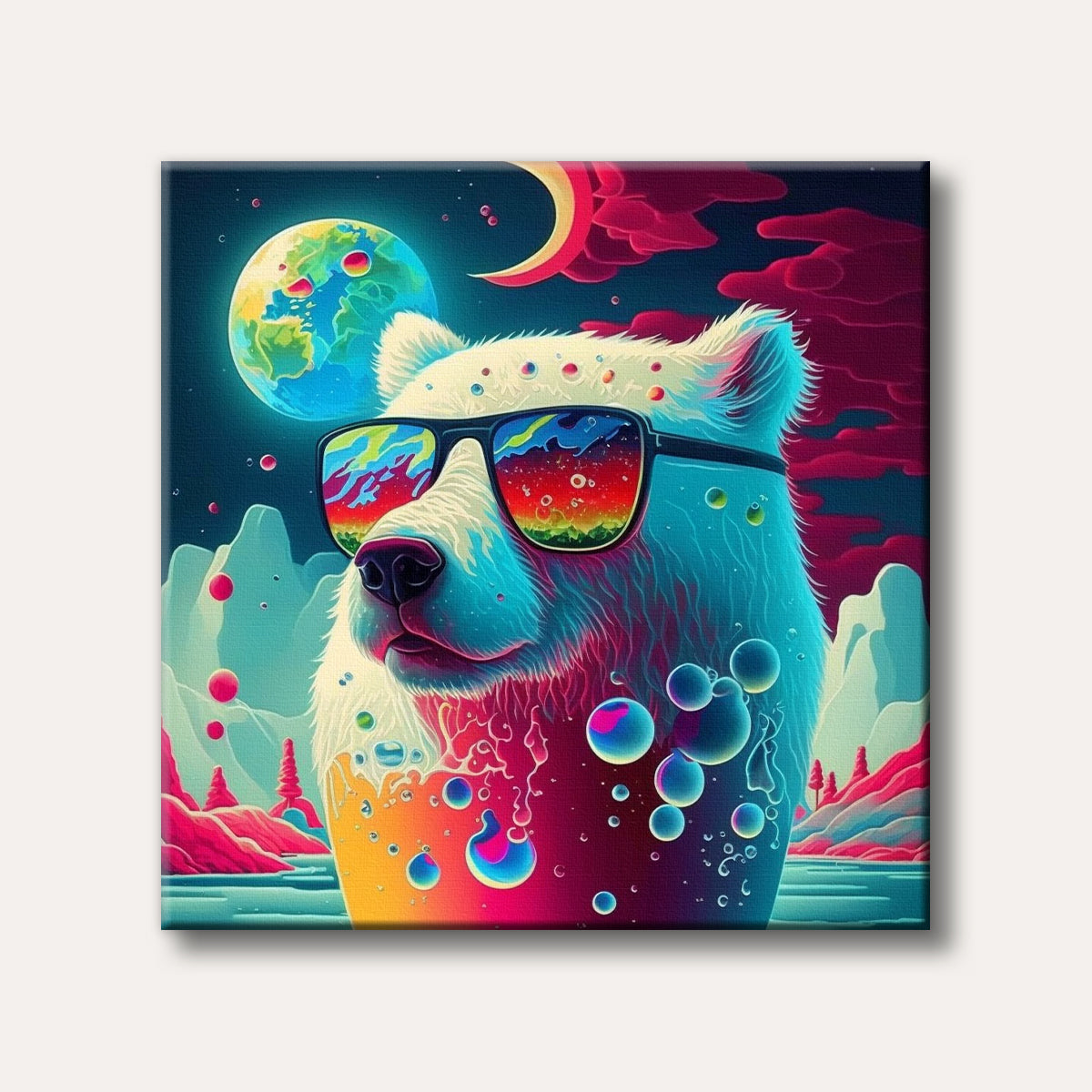 A vibrantly coloured, psychedelic bear wearing sunglasses with a cosmic reflection, set against a surreal background with a planet and moon.