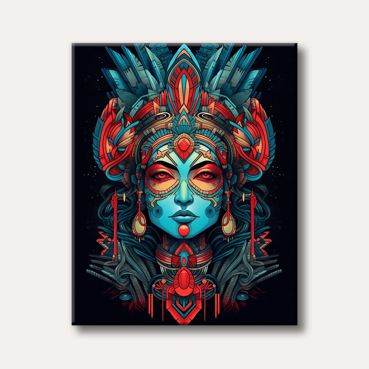 A highly stylized portrait of a woman's face, adorned with an intricate, geometric headdress and facial markings in vibrant teal, red, and gold against a dark background, evoking a mystic and powerful aesthetic.