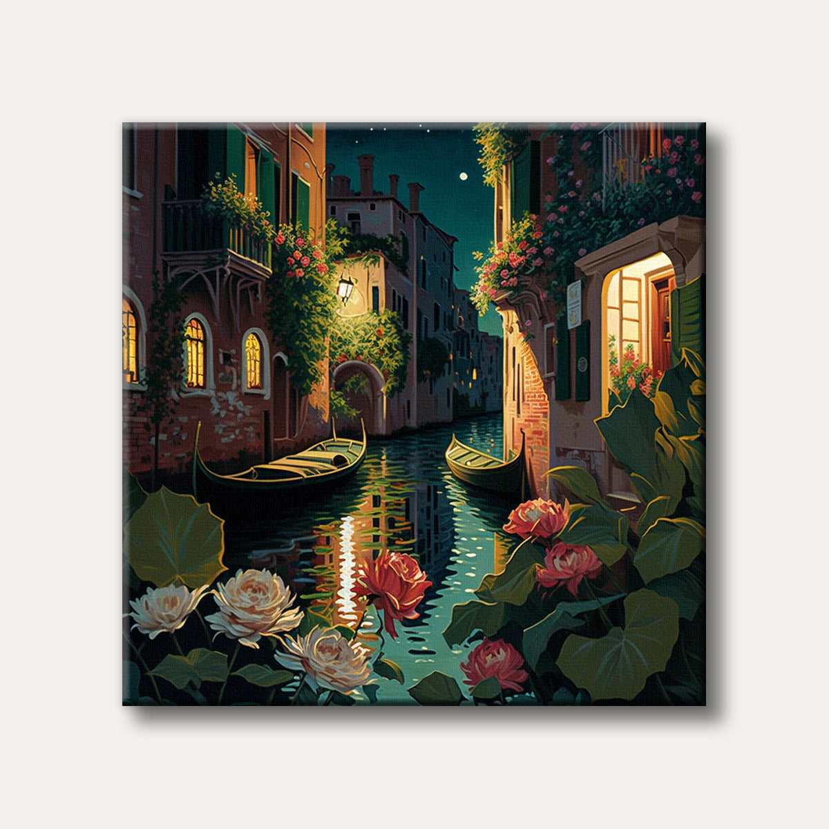 A vibrant painting of a Venice canal at night, featuring illuminated historic buildings, two gondolas on the reflective water, and lush red and white roses in the foreground.