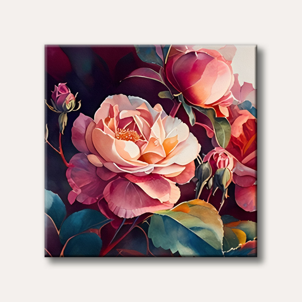A close-up painting showcases vibrant pink and peach roses with green foliage, rendered in a detailed and lush botanical art style.