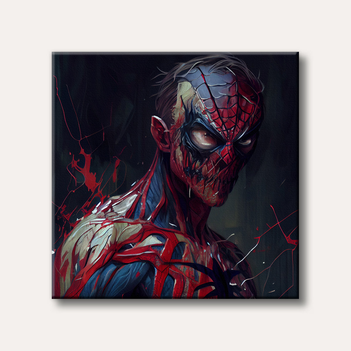 A grim, horror-inspired digital painting of a corrupted superhero resembling Spider-Man, with tattered red and blue suit details and glowing eyes, set against a dark background.
