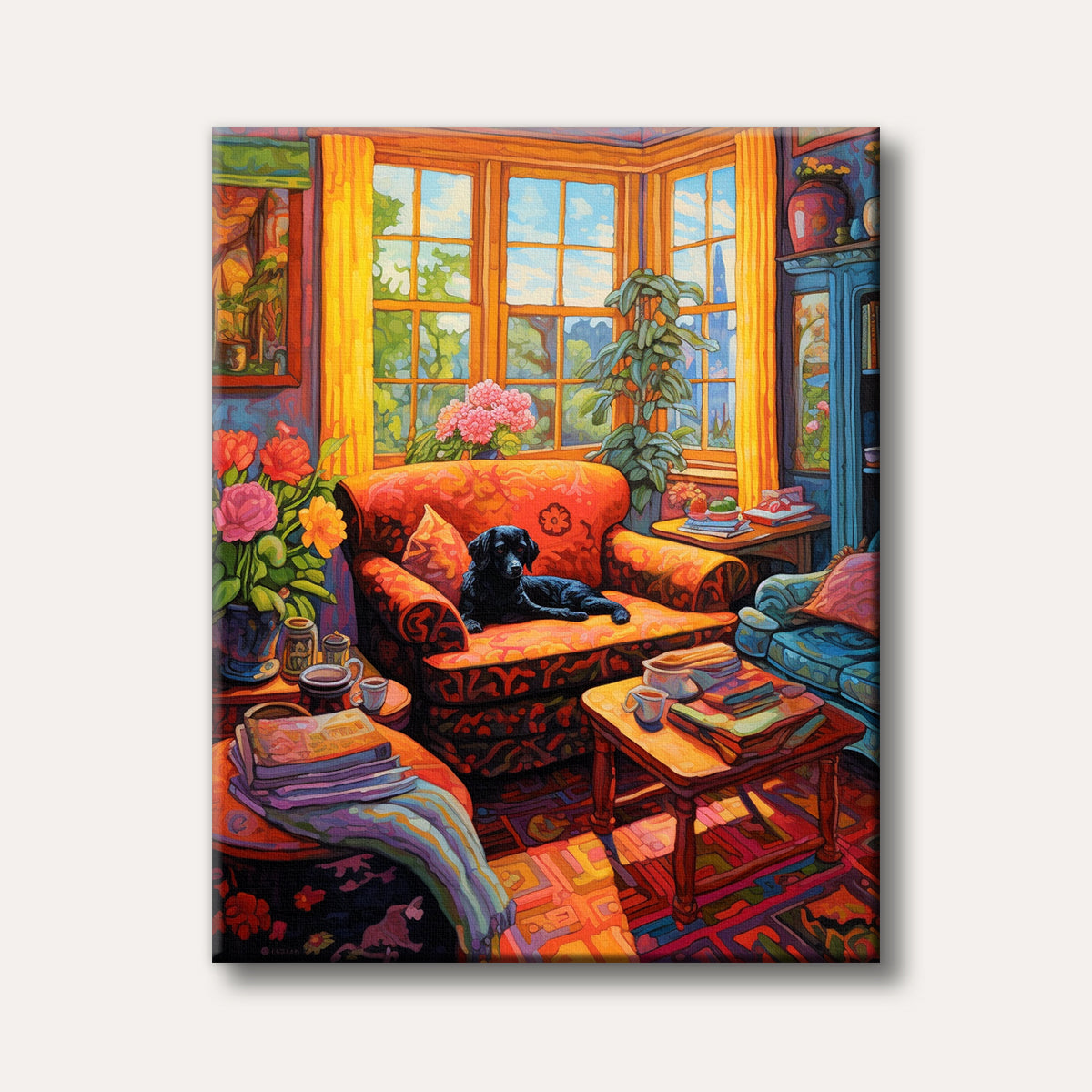 A black dog lounging on an ornate orange armchair in a sun-drenched, vibrantly coloured living room, rendered in an expressive painterly style with large windows, plants, and books.