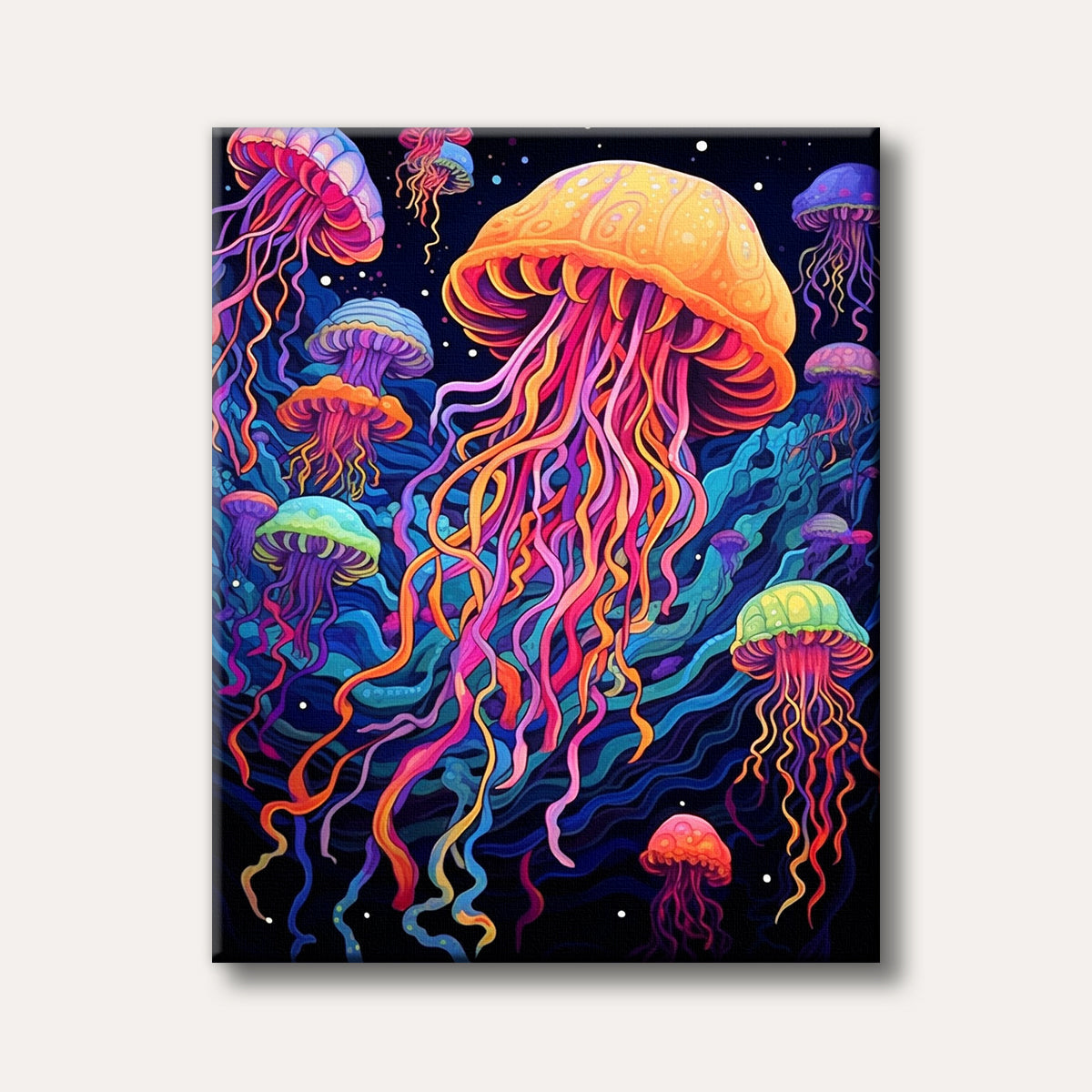 A vibrant and glowing illustration of several jellyfish with long, flowing tentacles in shades of pink, orange, purple, and green, set against a dark blue underwater background with an artistic, psychedelic style.