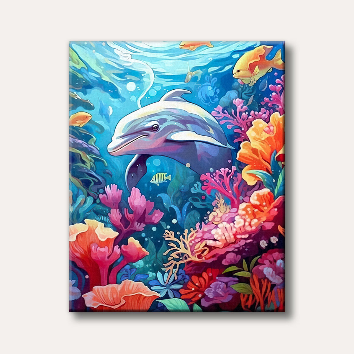 A friendly dolphin swims in a vibrant underwater scene filled with colourful coral, fish, and marine plants, rendered in a cheerful, illustrative style.