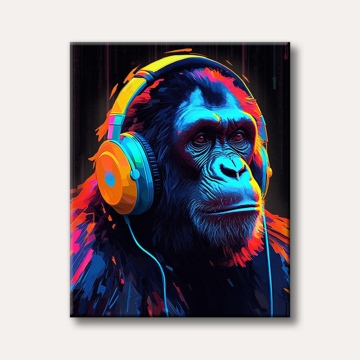 A chimpanzee wearing vibrant, neon-coloured headphones in a bold pop art style, illuminated by striking red, blue, and yellow light against a dark background.