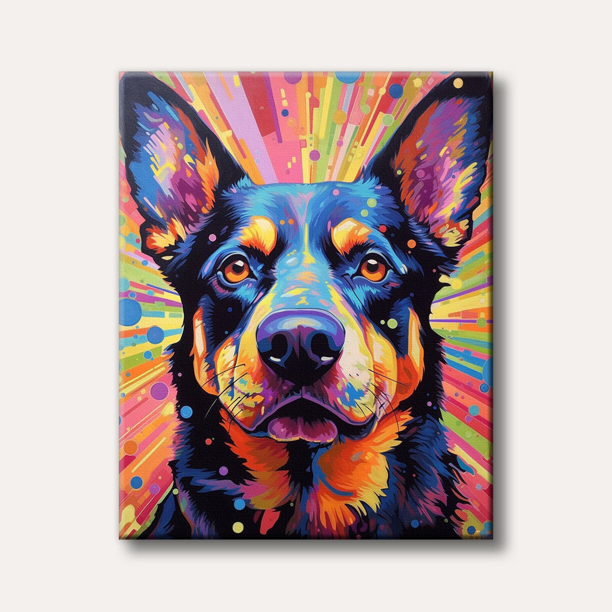 A vibrant pop art style portrait of a dog with psychedelic colours and radiating lines, exuding a lively and energetic mood.