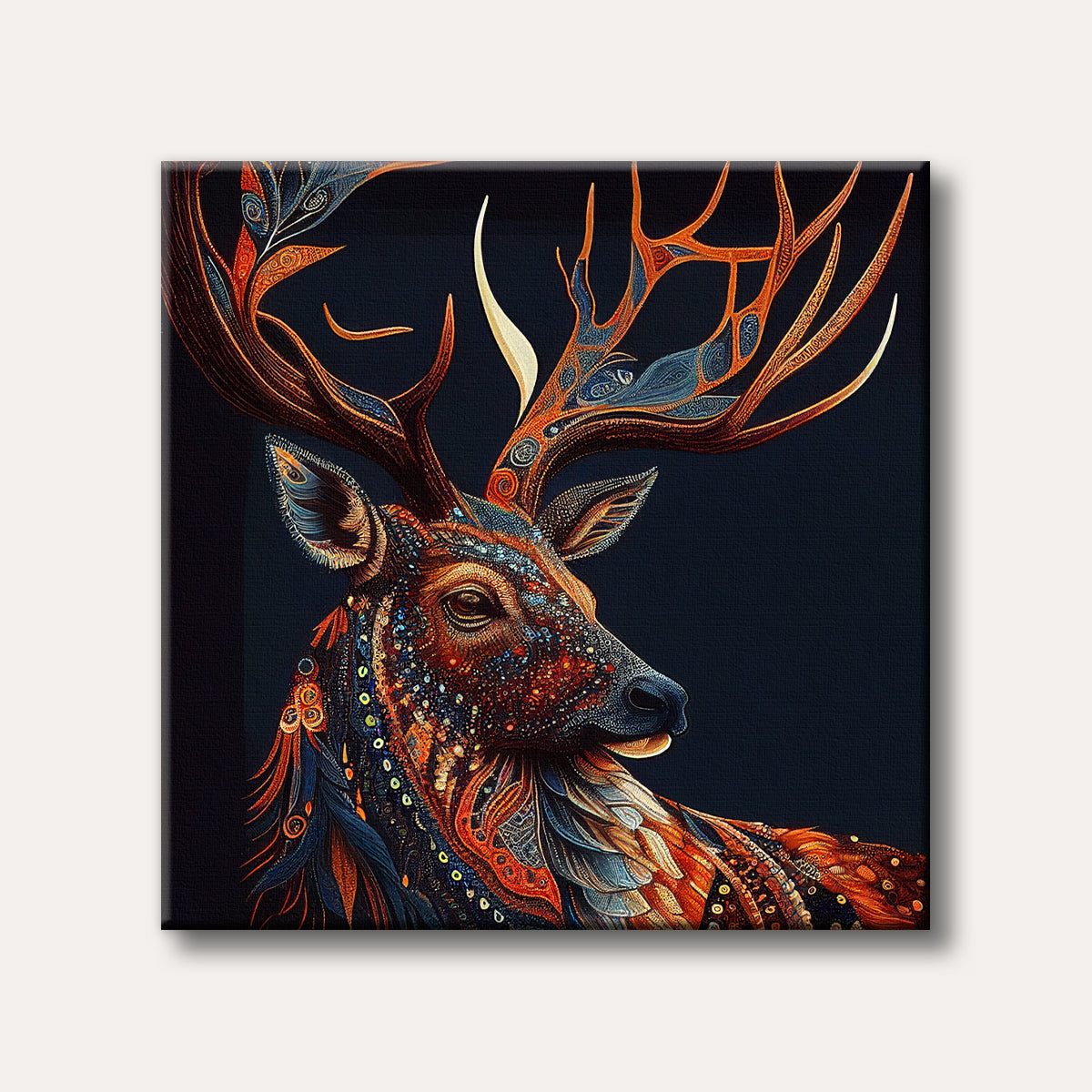 A majestic stag rendered in a highly intricate and decorative style, featuring vibrant orange, blue, and gold patterns against a dark background, evoking a mystical mood.