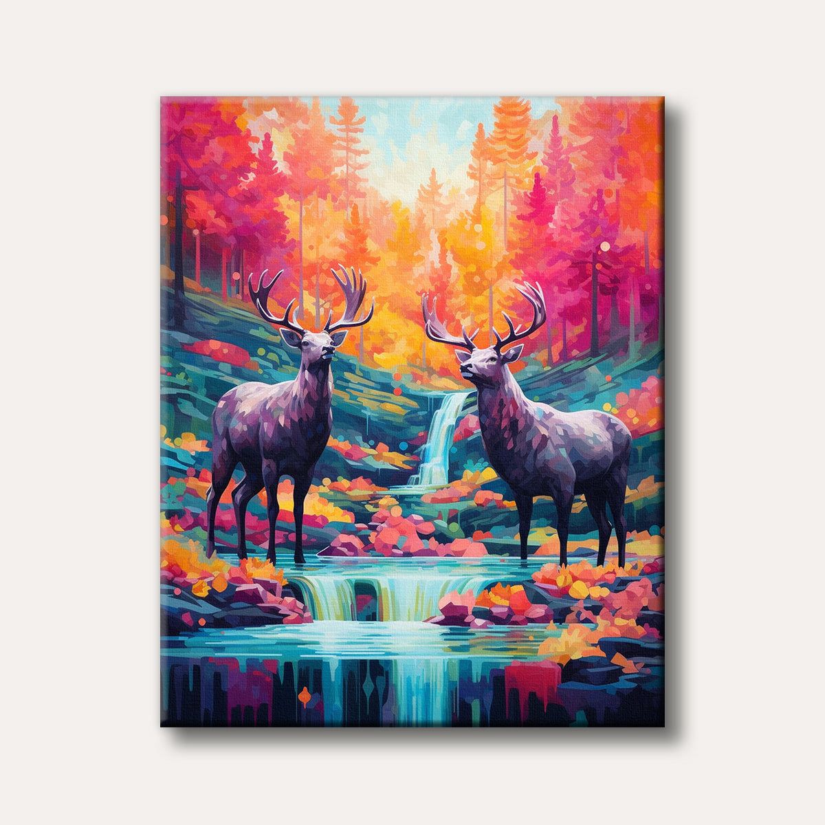 Two majestic stags stand by a flowing waterfall in a highly vibrant, colourful forest, depicted in a unique, stylized art style with rich hues.