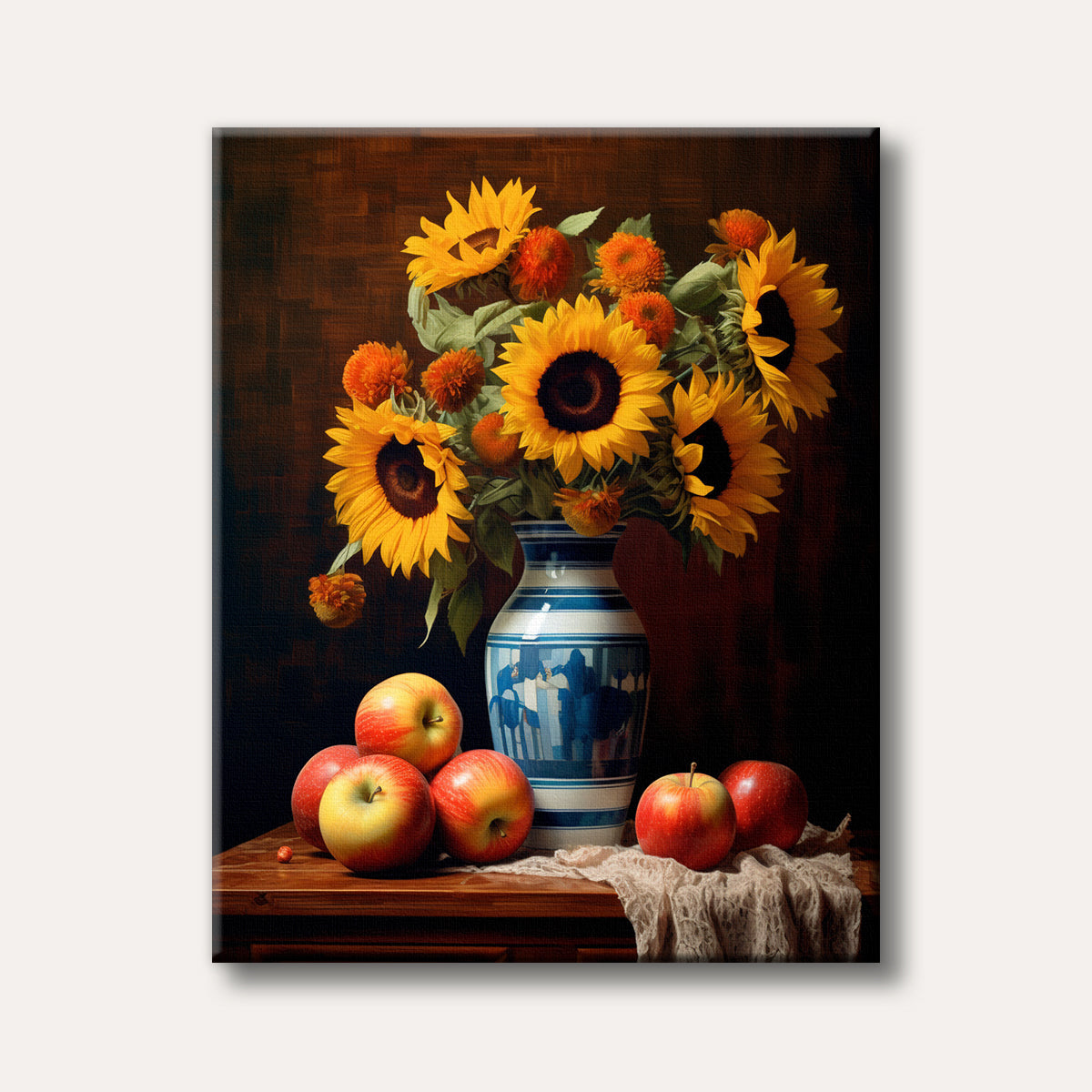 A rich still life painting featuring a blue and white vase filled with vibrant yellow sunflowers and orange chrysanthemums, alongside several red and yellow apples on a wooden table with a light fabric.