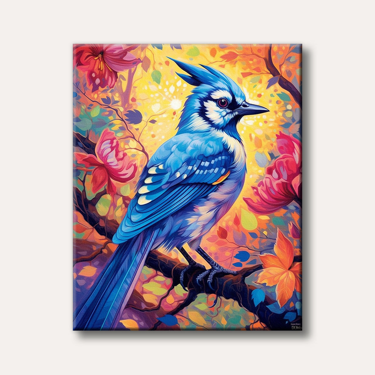 A vivid, stylized painting of a blue jay with bright blue feathers perched on a branch, surrounded by orange, red, and yellow glowing foliage in a vibrant, fantastical style.