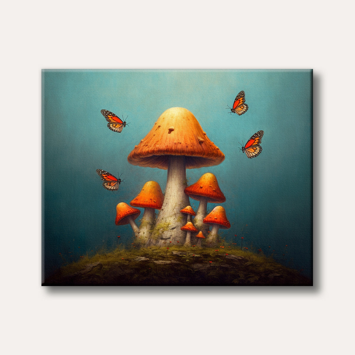 A whimsical digital painting depicting a large orange-capped mushroom surrounded by smaller ones on a mossy hill, with several monarch butterflies gracefully flying against a serene teal background.