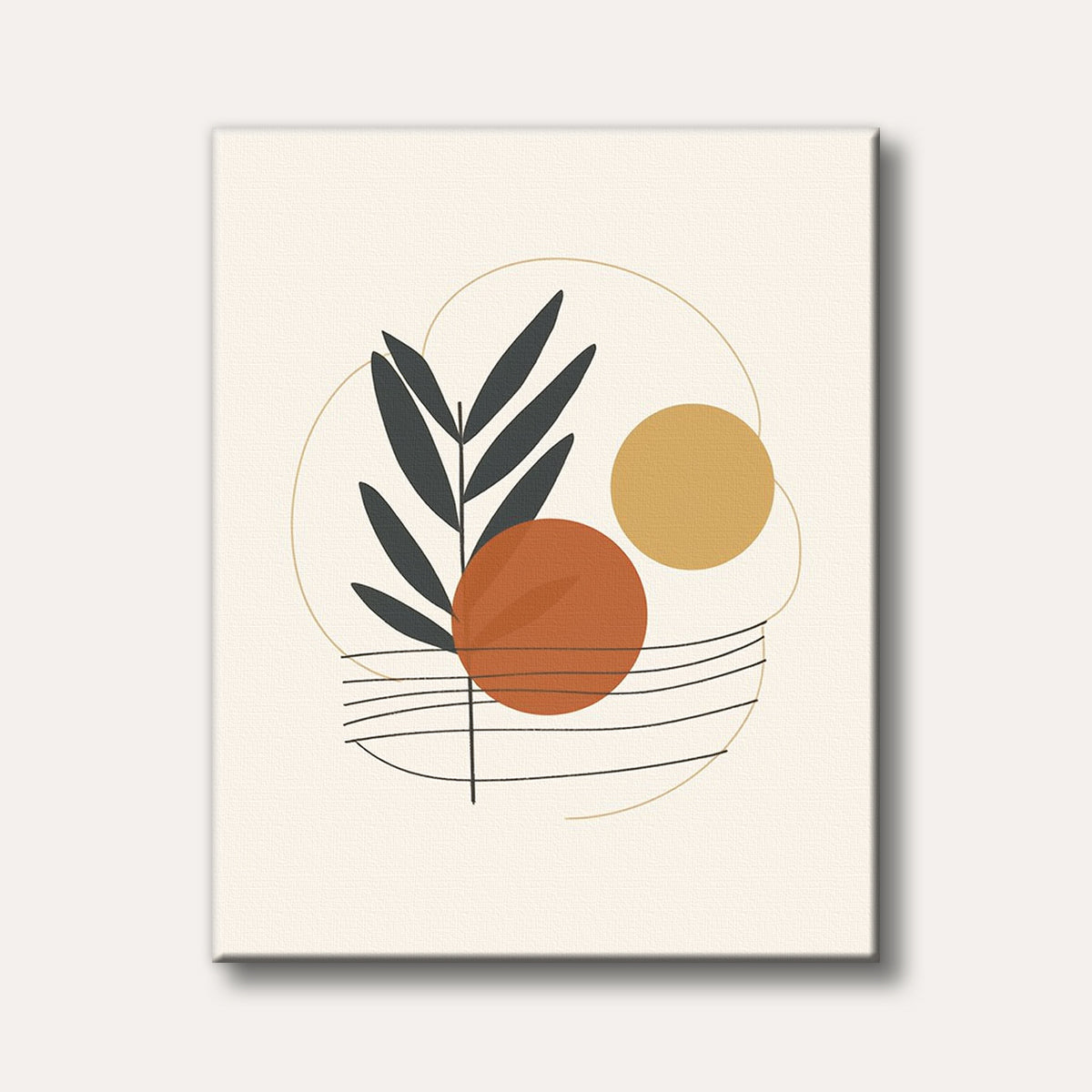 An abstract minimalist art piece featuring dark green botanical leaves, a large burnt orange circle, a smaller mustard yellow circle, and thin gold and black lines on a cream background, conveying a calm and modern aesthetic.