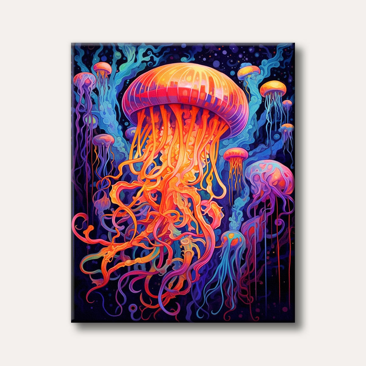 A psychedelic art painting of glowing orange and purple jellyfish with long, flowing tentacles, set against a dark blue and black abstract underwater background. The art style is vibrant, fluid, and highly stylized.