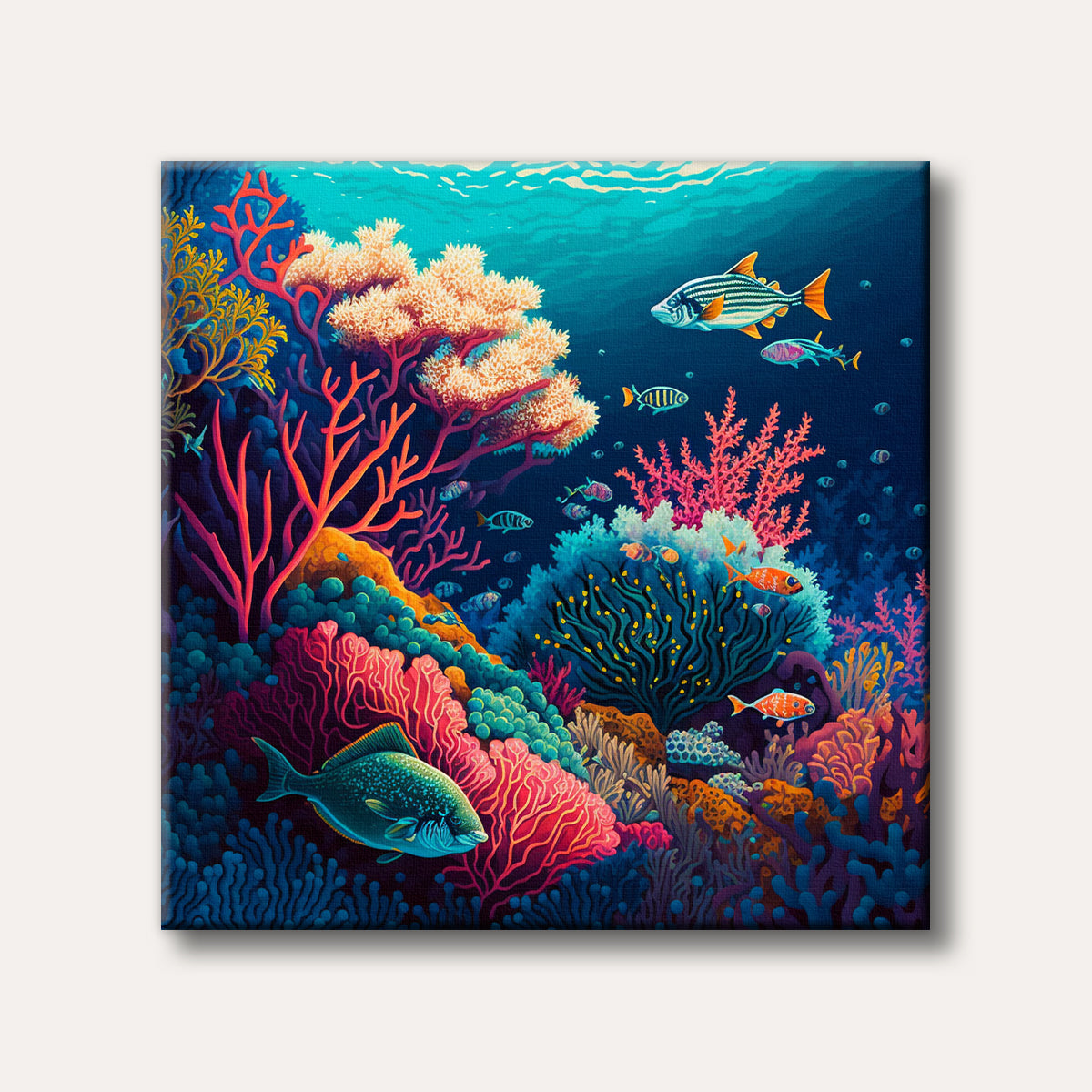 A vibrant and colourful stylized painting of an underwater coral reef teeming with various species of fish, depicted in bright, almost neon hues.