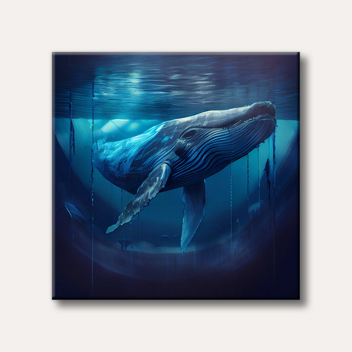 A majestic blue whale swims gracefully in a vibrant, deep blue ocean, rendered in a striking, illustrative style with visible brushstrokes.