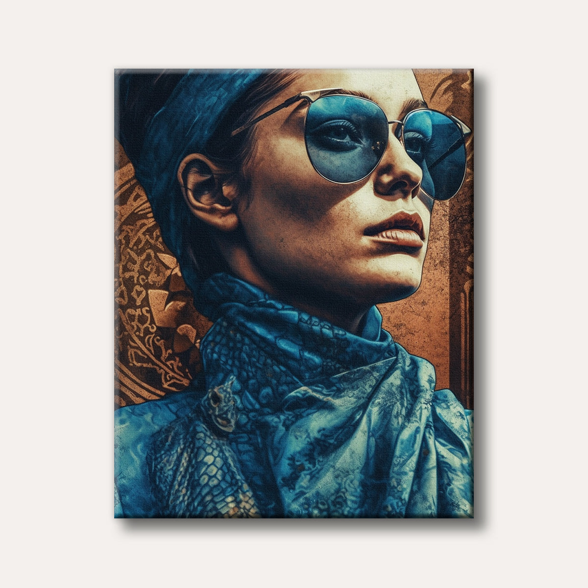 A stylized portrait of a woman with blue-tinted aviator sunglasses and a matching blue patterned headscarf and garment, set against a warm, ornate background.
