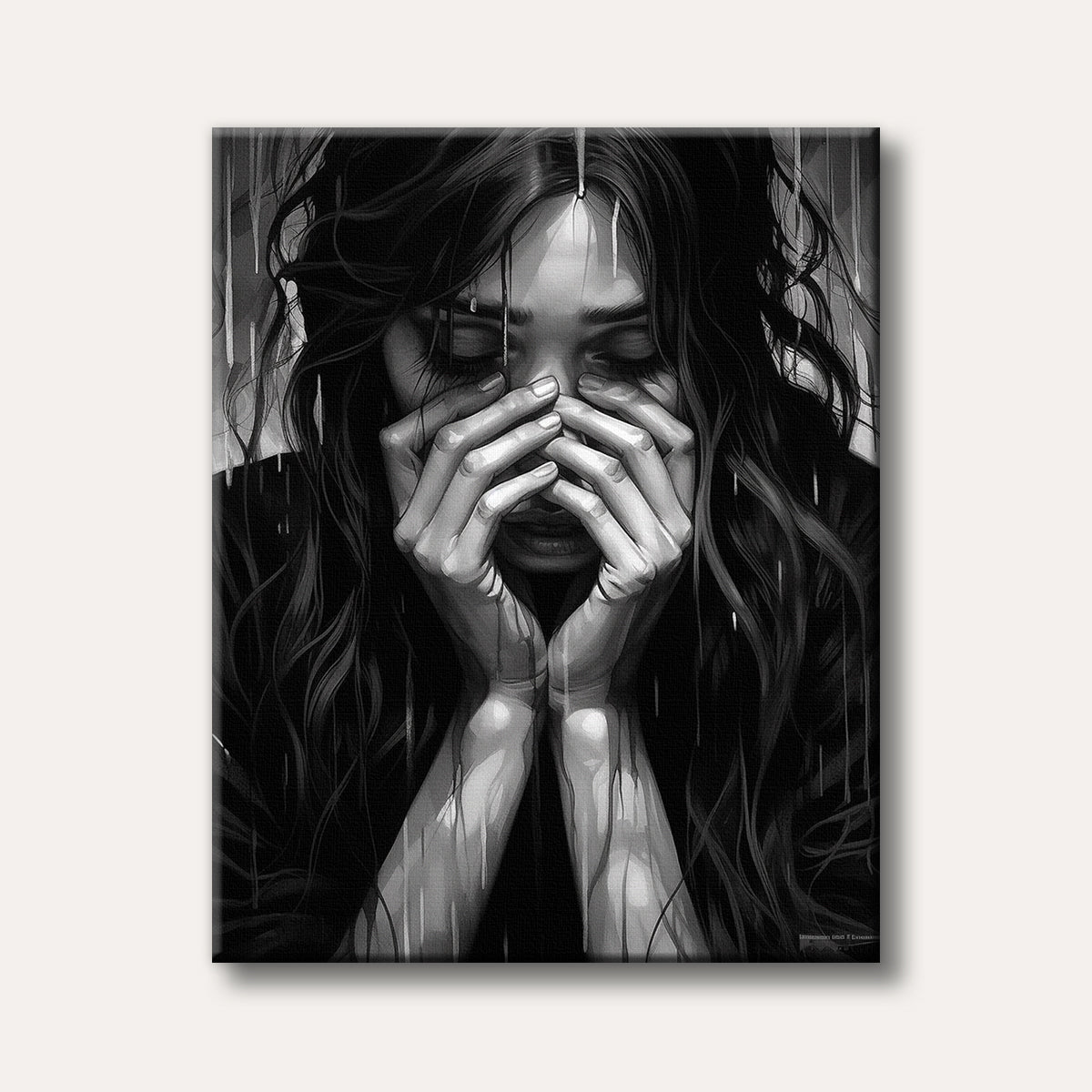 A grayscale portrait of a woman with her face in her hands, appearing to cry or be in distress, with streaking lines suggesting rain or tears, rendered in a poignant, realistic art style.